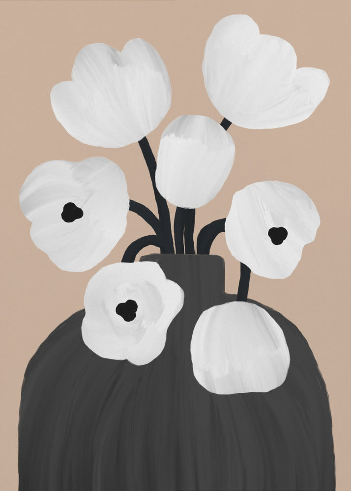 A modern, minimalist painting of a bouquet of stylized white flowers with black centers, arranged in a large black vase. The background is a solid muted beige, creating a simple and elegant composition. Poster