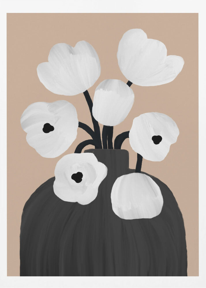 A modern, minimalist painting of a bouquet of stylized white flowers with black centers, arranged in a large black vase. The background is a solid muted beige, creating a simple and elegant composition. Poster