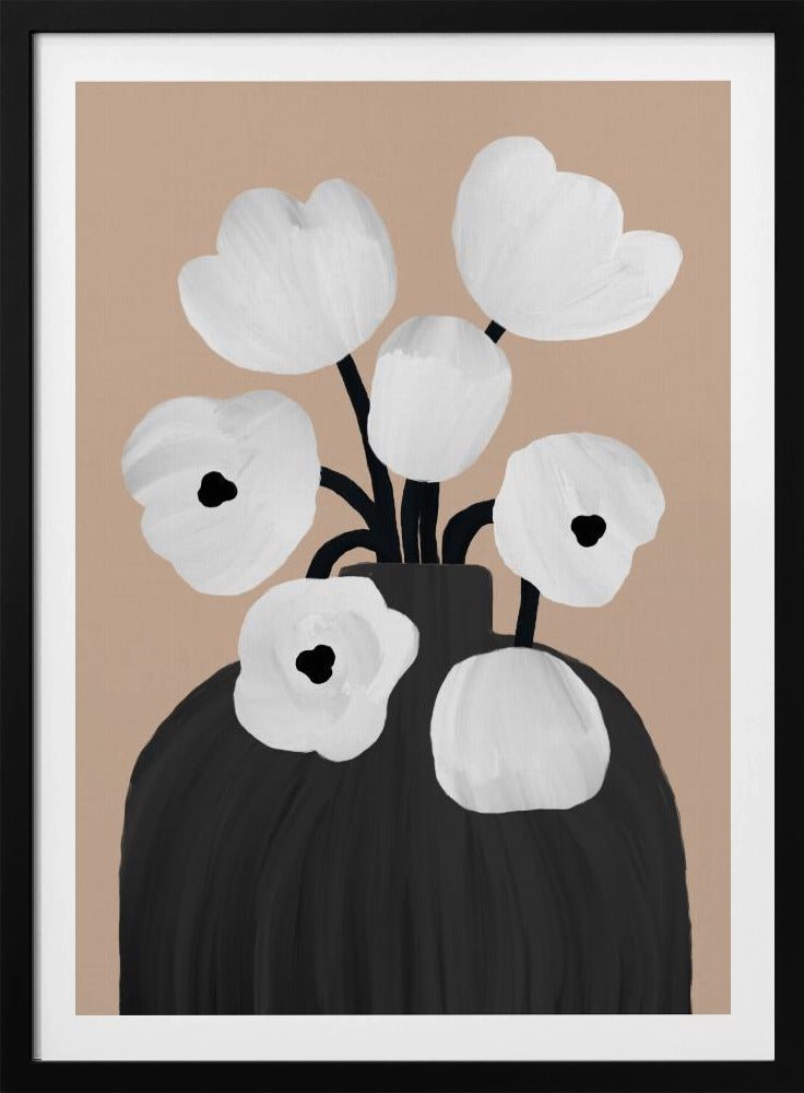 A modern, minimalist painting of a bouquet of stylized white flowers with black centers, arranged in a large black vase. The background is a solid muted beige, creating a simple and elegant composition. Poster