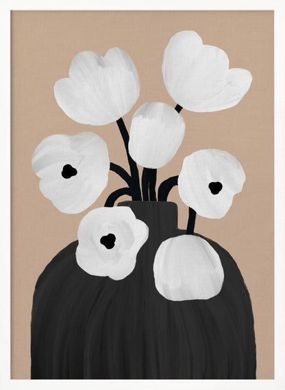 A modern, minimalist painting of a bouquet of stylized white flowers with black centers, arranged in a large black vase. The background is a solid muted beige, creating a simple and elegant composition. Poster