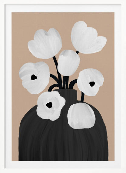 A modern, minimalist painting of a bouquet of stylized white flowers with black centers, arranged in a large black vase. The background is a solid muted beige, creating a simple and elegant composition. Poster