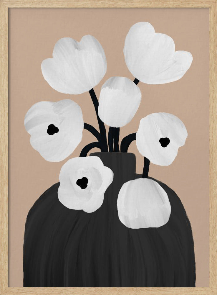 A modern, minimalist painting of a bouquet of stylized white flowers with black centers, arranged in a large black vase. The background is a solid muted beige, creating a simple and elegant composition. Poster