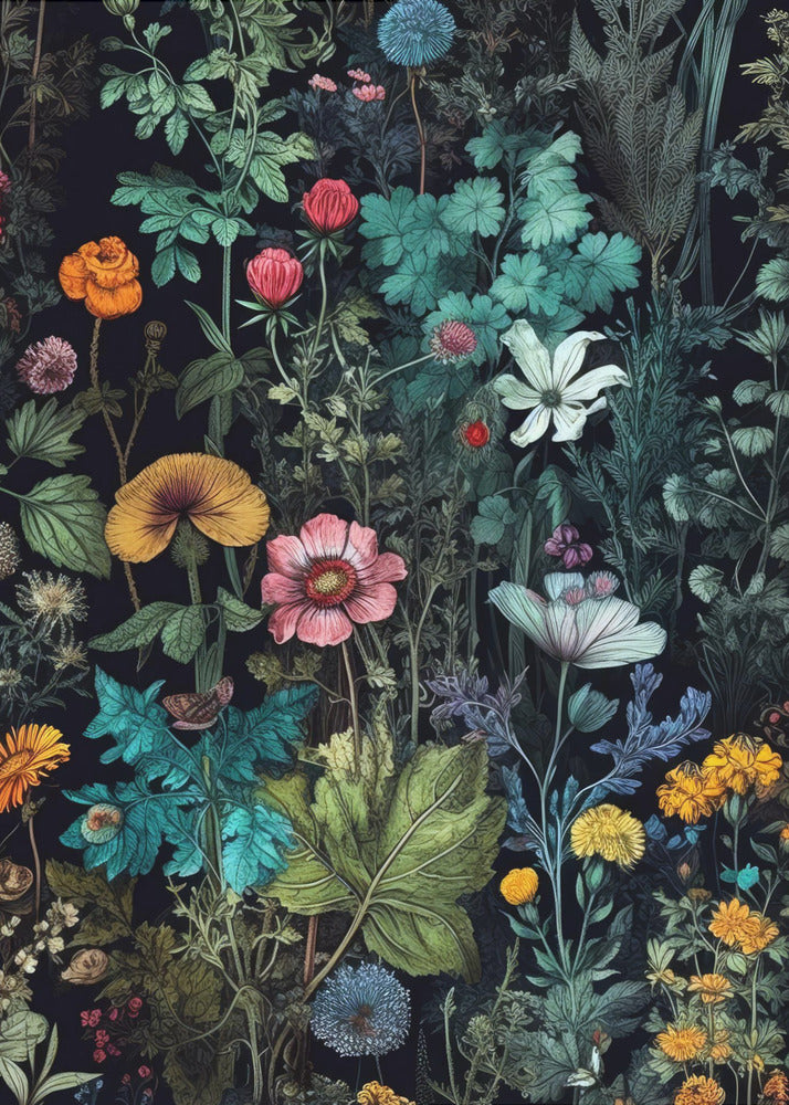 A vintage-style botanical illustration featuring a dense arrangement of colorful flowers and lush green foliage against a dark, dramatic background. Various species of flowers in shades of pink, orange, yellow, and blue are intricately detailed, creating a vibrant, tapestry-like effect. Poster
