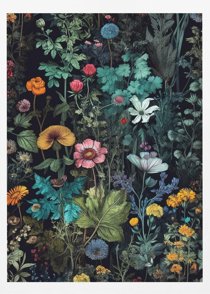 A vintage-style botanical illustration featuring a dense arrangement of colorful flowers and lush green foliage against a dark, dramatic background. Various species of flowers in shades of pink, orange, yellow, and blue are intricately detailed, creating a vibrant, tapestry-like effect. Poster
