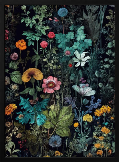 A vintage-style botanical illustration featuring a dense arrangement of colorful flowers and lush green foliage against a dark, dramatic background. Various species of flowers in shades of pink, orange, yellow, and blue are intricately detailed, creating a vibrant, tapestry-like effect. Poster