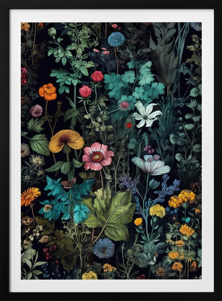 A vintage-style botanical illustration featuring a dense arrangement of colorful flowers and lush green foliage against a dark, dramatic background. Various species of flowers in shades of pink, orange, yellow, and blue are intricately detailed, creating a vibrant, tapestry-like effect. Poster