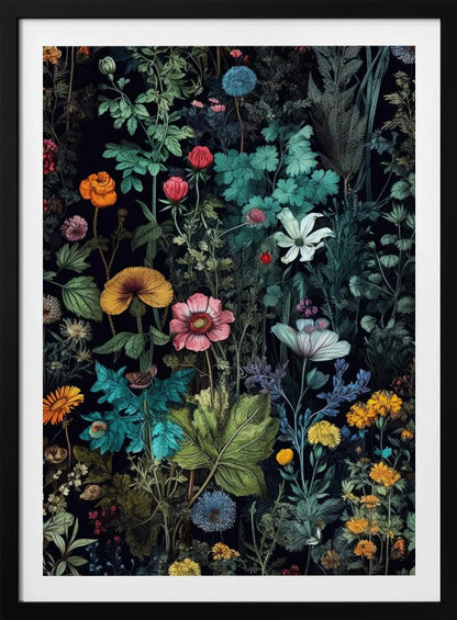 A vintage-style botanical illustration featuring a dense arrangement of colorful flowers and lush green foliage against a dark, dramatic background. Various species of flowers in shades of pink, orange, yellow, and blue are intricately detailed, creating a vibrant, tapestry-like effect. Poster