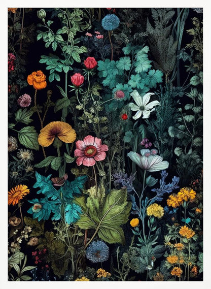 A vintage-style botanical illustration featuring a dense arrangement of colorful flowers and lush green foliage against a dark, dramatic background. Various species of flowers in shades of pink, orange, yellow, and blue are intricately detailed, creating a vibrant, tapestry-like effect. Poster