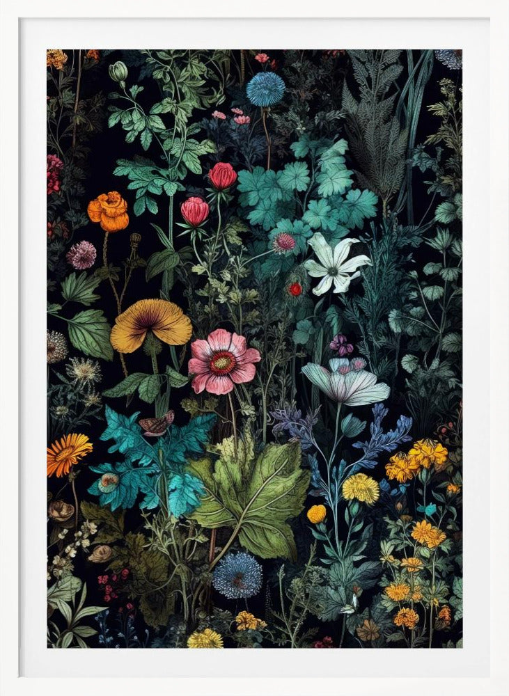 A vintage-style botanical illustration featuring a dense arrangement of colorful flowers and lush green foliage against a dark, dramatic background. Various species of flowers in shades of pink, orange, yellow, and blue are intricately detailed, creating a vibrant, tapestry-like effect. Poster