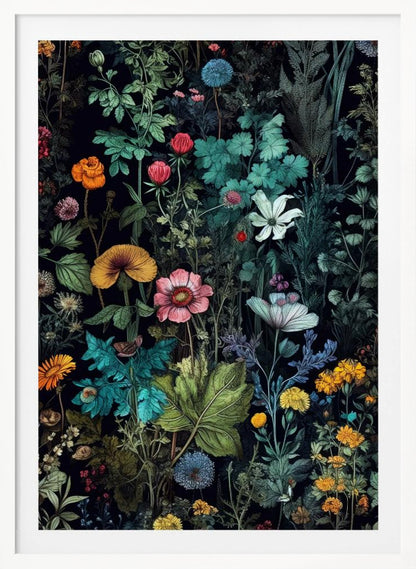 A vintage-style botanical illustration featuring a dense arrangement of colorful flowers and lush green foliage against a dark, dramatic background. Various species of flowers in shades of pink, orange, yellow, and blue are intricately detailed, creating a vibrant, tapestry-like effect. Poster
