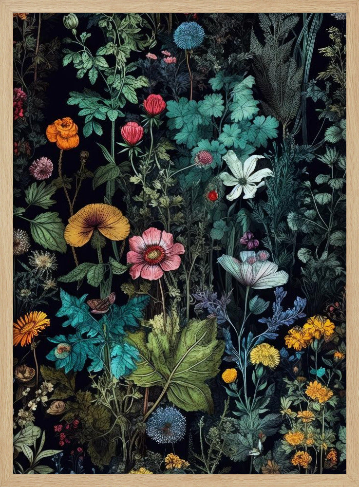 A vintage-style botanical illustration featuring a dense arrangement of colorful flowers and lush green foliage against a dark, dramatic background. Various species of flowers in shades of pink, orange, yellow, and blue are intricately detailed, creating a vibrant, tapestry-like effect. Poster