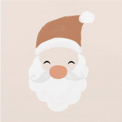 A minimalist cartoon illustration of a smiling Santa Claus face with a brown hat and white beard, set against a soft pink background and framed in light wood. Poster
