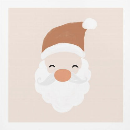 A minimalist cartoon illustration of a smiling Santa Claus face with a brown hat and white beard, set against a soft pink background and framed in light wood. Poster