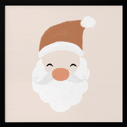 A minimalist cartoon illustration of a smiling Santa Claus face with a brown hat and white beard, set against a soft pink background and framed in light wood. Poster