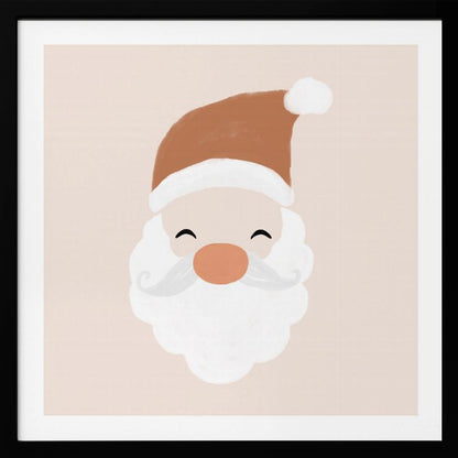 A minimalist cartoon illustration of a smiling Santa Claus face with a brown hat and white beard, set against a soft pink background and framed in light wood. Poster