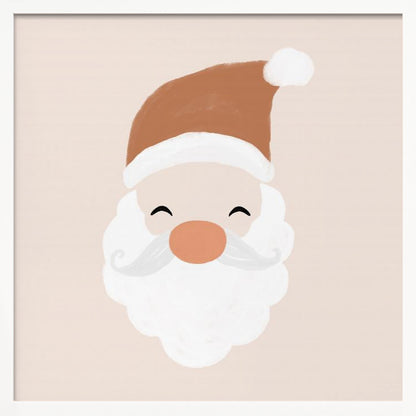 A minimalist cartoon illustration of a smiling Santa Claus face with a brown hat and white beard, set against a soft pink background and framed in light wood. Poster