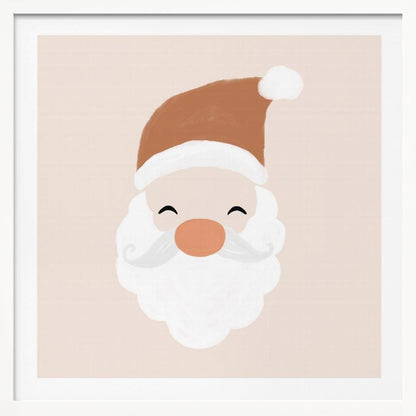 A minimalist cartoon illustration of a smiling Santa Claus face with a brown hat and white beard, set against a soft pink background and framed in light wood. Poster