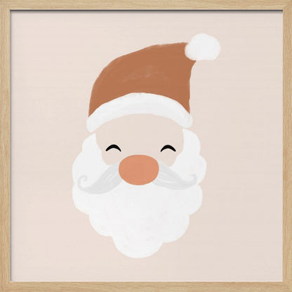 A minimalist cartoon illustration of a smiling Santa Claus face with a brown hat and white beard, set against a soft pink background and framed in light wood. Poster