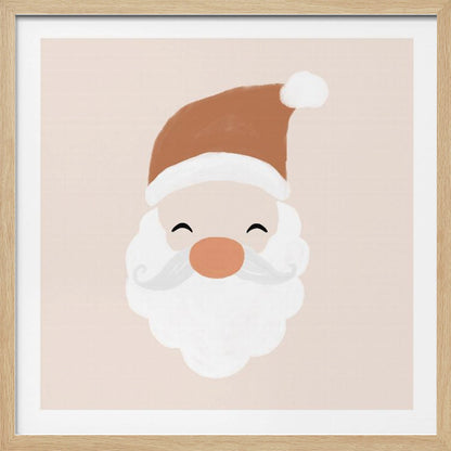 A minimalist cartoon illustration of a smiling Santa Claus face with a brown hat and white beard, set against a soft pink background and framed in light wood. Poster