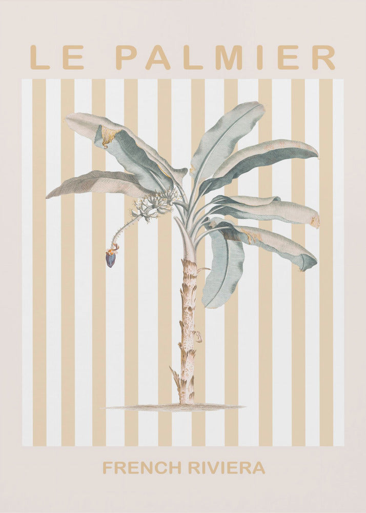 A vintage-style poster in a black frame featuring a botanical illustration of a palm tree. The background has vertical stripes in beige and white. The text 'LE PALMIER' is at the top, and 'FRENCH RIVIERA' is at the bottom in a sandy beige color. Decor