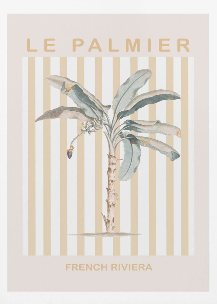 A vintage-style poster in a black frame featuring a botanical illustration of a palm tree. The background has vertical stripes in beige and white. The text 'LE PALMIER' is at the top, and 'FRENCH RIVIERA' is at the bottom in a sandy beige color. Decor