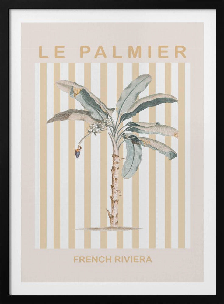 A vintage-style poster in a black frame featuring a botanical illustration of a palm tree. The background has vertical stripes in beige and white. The text 'LE PALMIER' is at the top, and 'FRENCH RIVIERA' is at the bottom in a sandy beige color. Decor