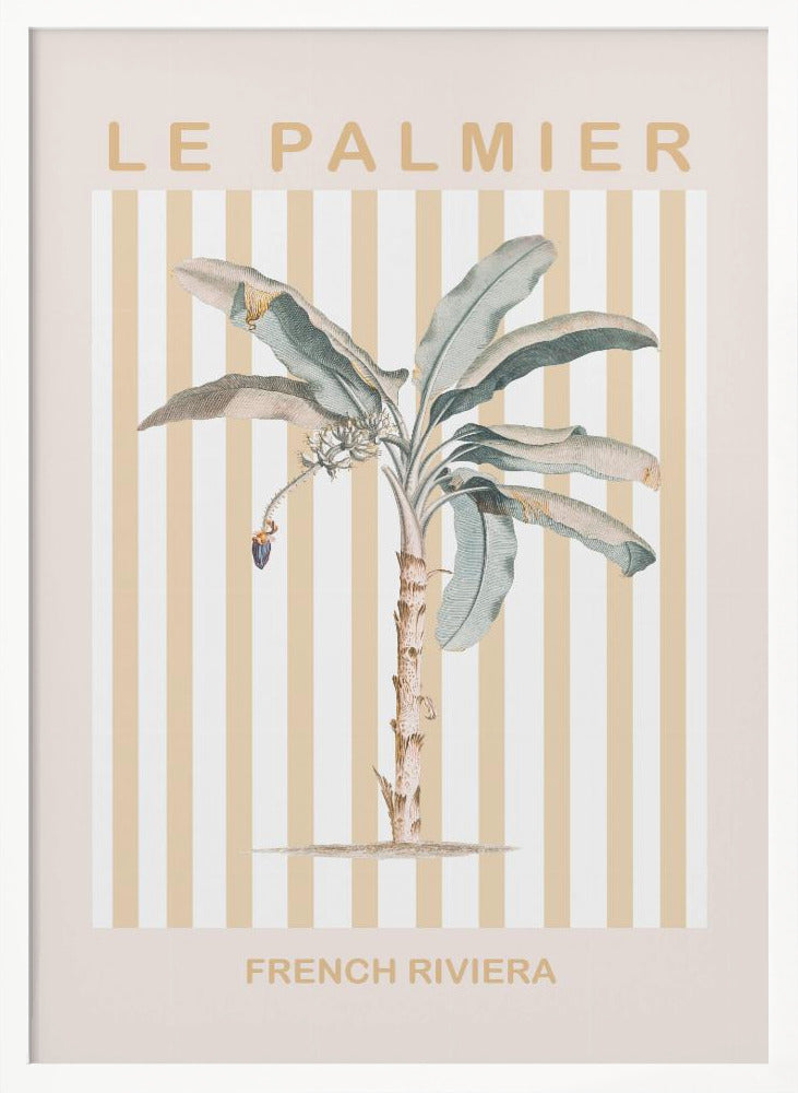 A vintage-style poster in a black frame featuring a botanical illustration of a palm tree. The background has vertical stripes in beige and white. The text 'LE PALMIER' is at the top, and 'FRENCH RIVIERA' is at the bottom in a sandy beige color. Decor