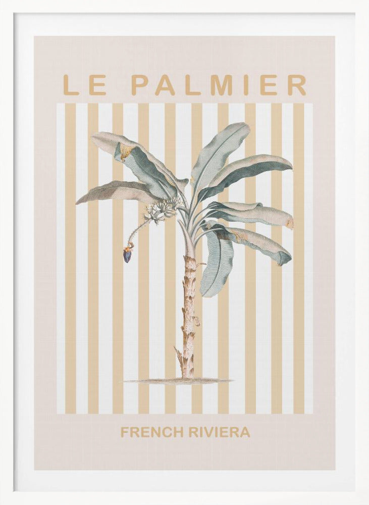 A vintage-style poster in a black frame featuring a botanical illustration of a palm tree. The background has vertical stripes in beige and white. The text 'LE PALMIER' is at the top, and 'FRENCH RIVIERA' is at the bottom in a sandy beige color. Decor