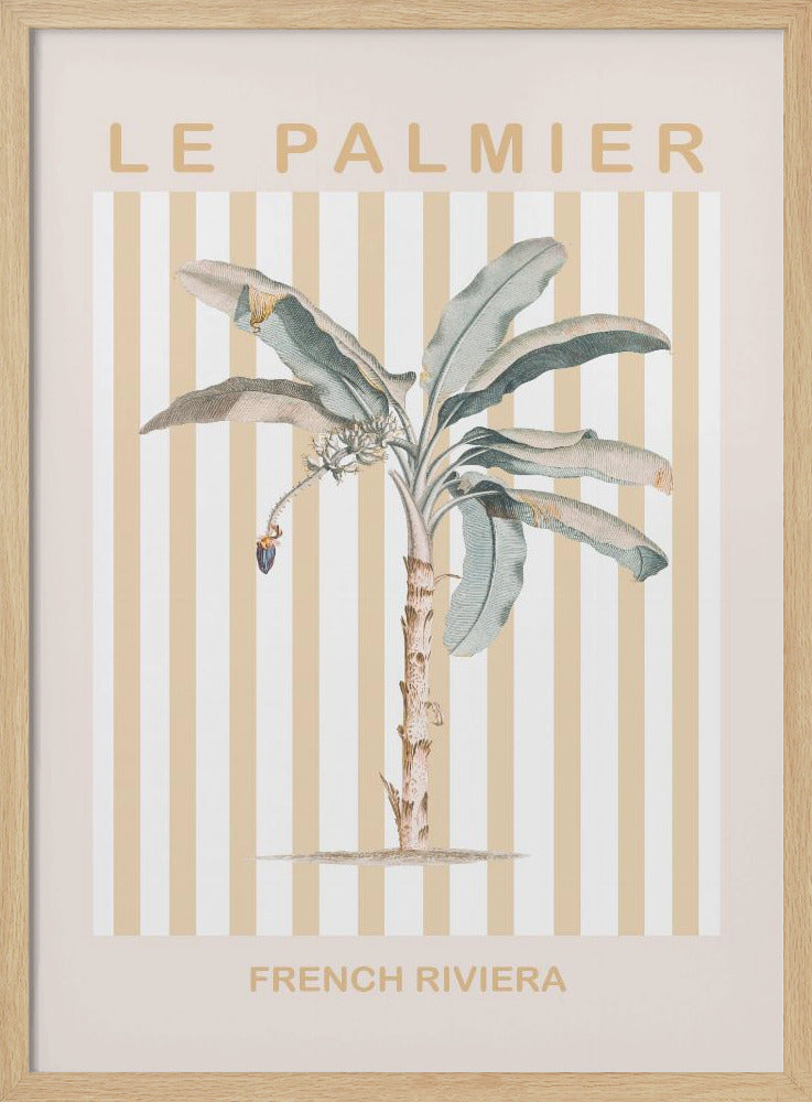 A vintage-style poster in a black frame featuring a botanical illustration of a palm tree. The background has vertical stripes in beige and white. The text 'LE PALMIER' is at the top, and 'FRENCH RIVIERA' is at the bottom in a sandy beige color. Decor