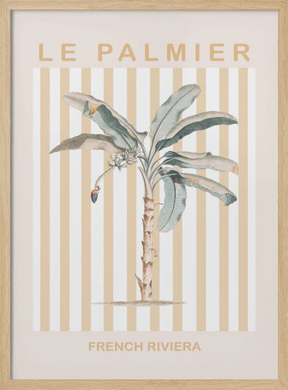 A vintage-style poster in a black frame featuring a botanical illustration of a palm tree. The background has vertical stripes in beige and white. The text 'LE PALMIER' is at the top, and 'FRENCH RIVIERA' is at the bottom in a sandy beige color. Decor