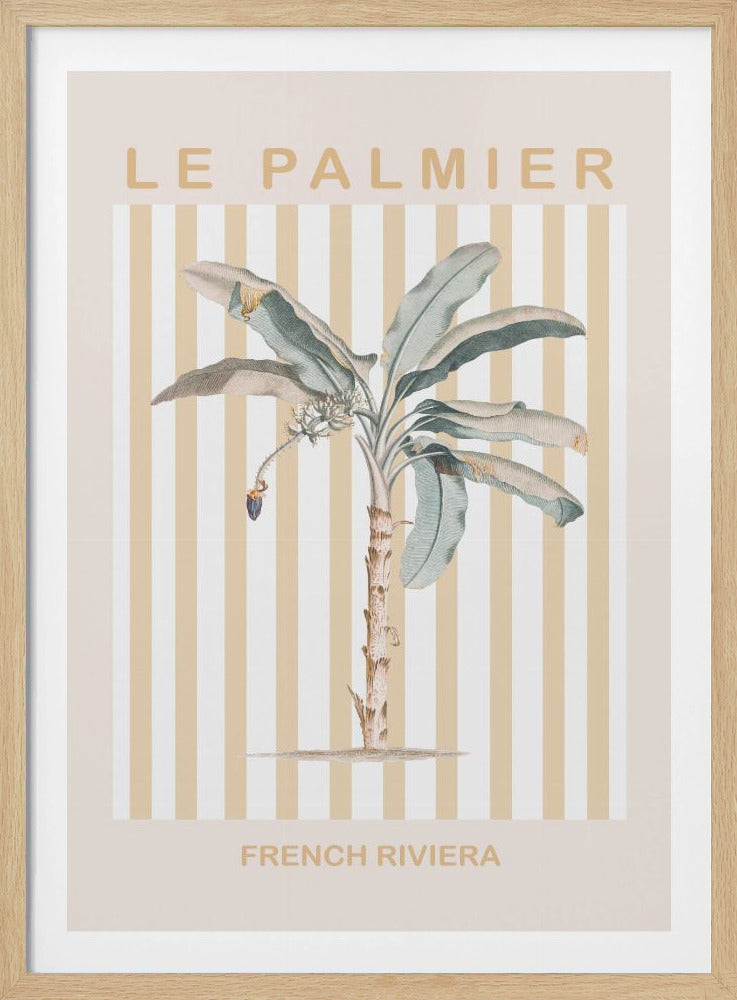 A vintage-style poster in a black frame featuring a botanical illustration of a palm tree. The background has vertical stripes in beige and white. The text 'LE PALMIER' is at the top, and 'FRENCH RIVIERA' is at the bottom in a sandy beige color. Decor