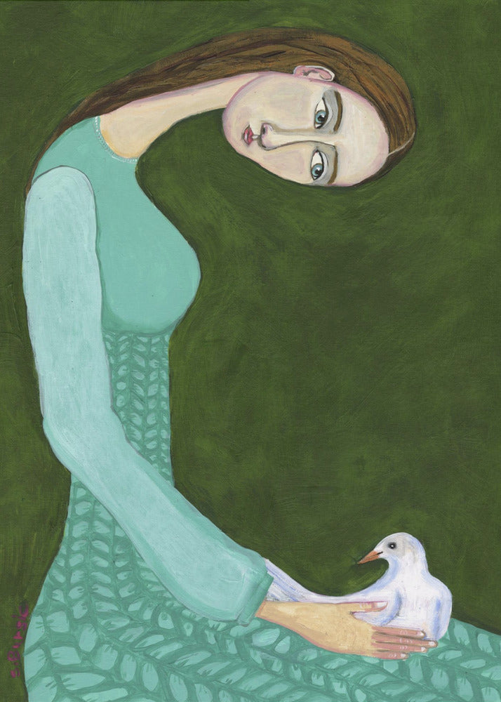 Lady sitting with white dove bird woman - Poster / Art Print