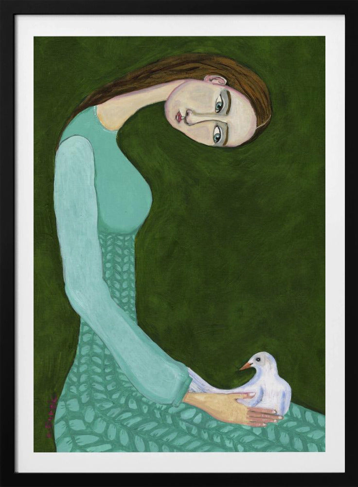 Lady sitting with white dove bird woman - Poster / Art Print