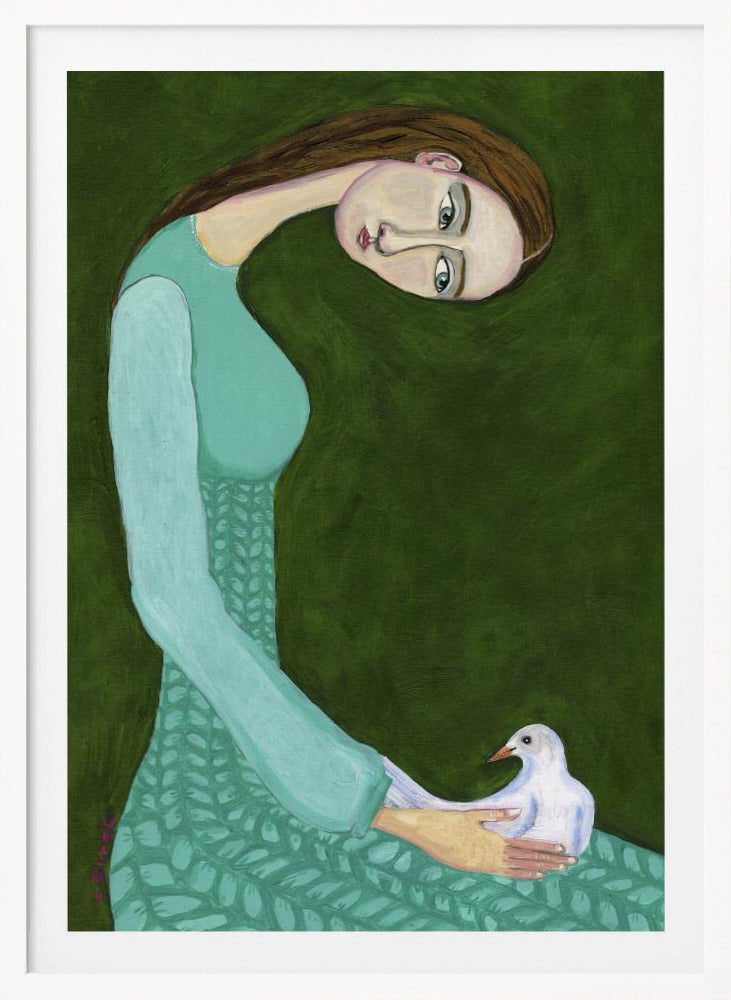 Lady sitting with white dove bird woman - Poster / Art Print