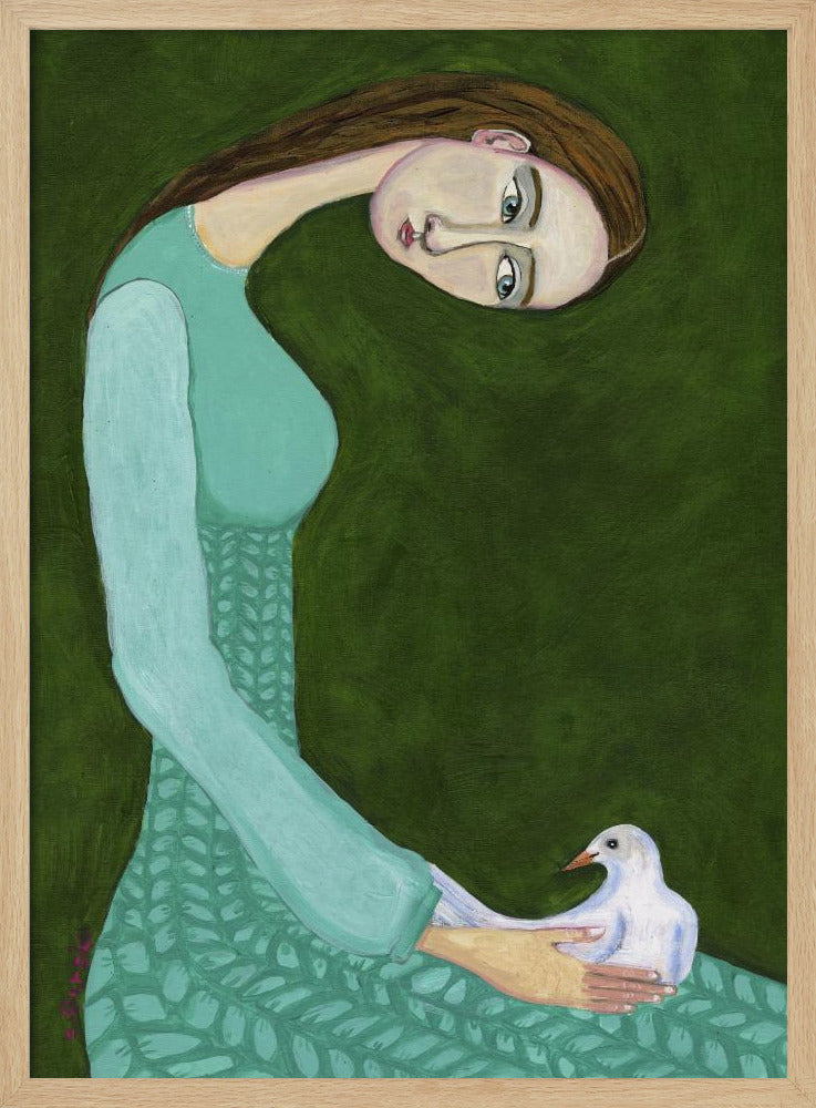 Lady sitting with white dove bird woman - Poster / Art Print