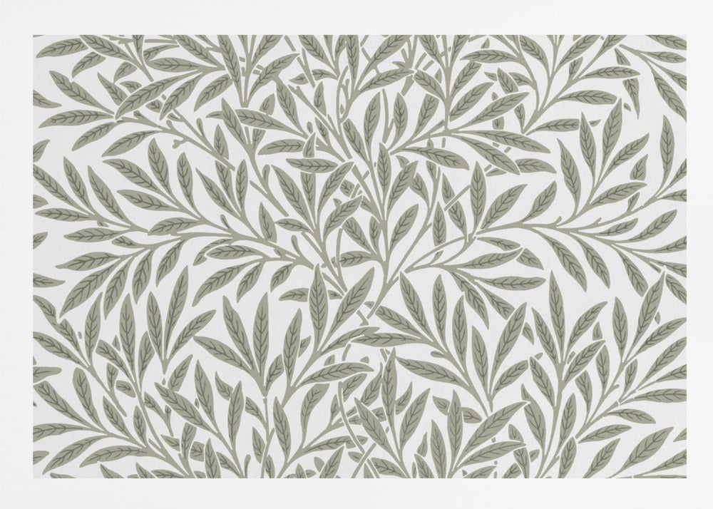 A framed art print displaying a dense pattern of sage green leaves and branches on a white background. The design is continuous and has a calm, naturalistic feel, enclosed within a simple silver frame. Artwork