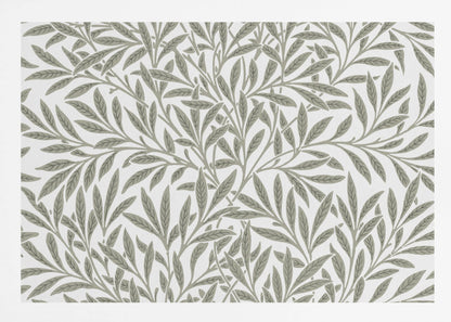 A framed art print displaying a dense pattern of sage green leaves and branches on a white background. The design is continuous and has a calm, naturalistic feel, enclosed within a simple silver frame. Artwork
