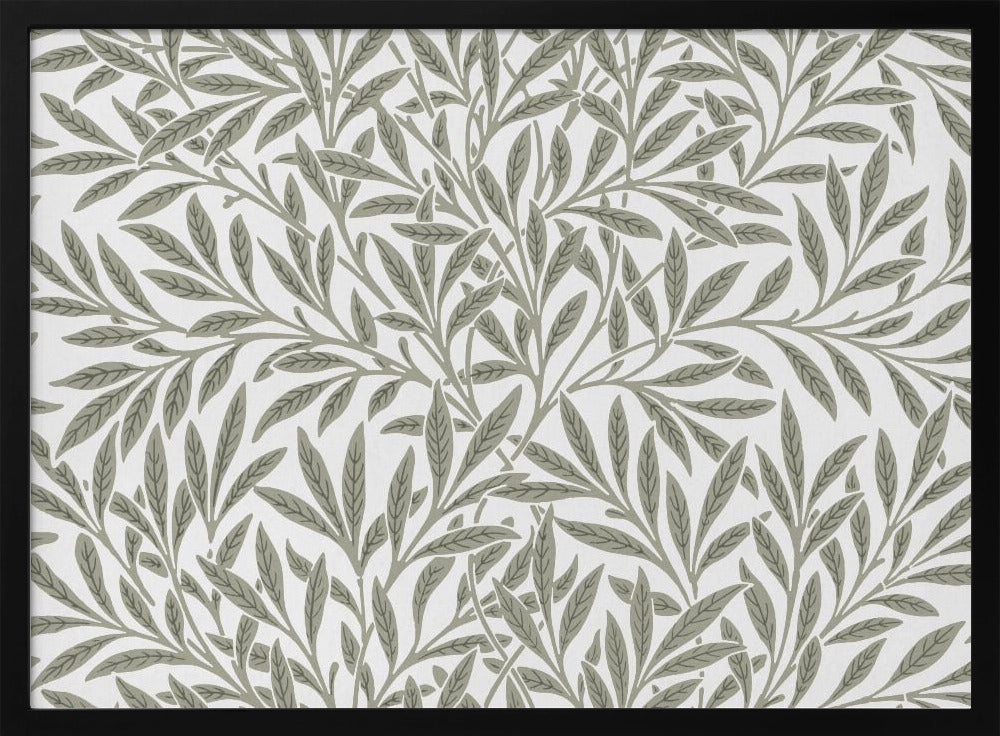 A framed art print displaying a dense pattern of sage green leaves and branches on a white background. The design is continuous and has a calm, naturalistic feel, enclosed within a simple silver frame. Artwork