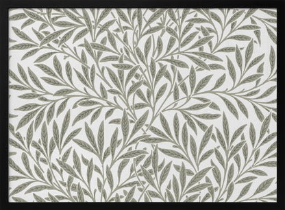 A framed art print displaying a dense pattern of sage green leaves and branches on a white background. The design is continuous and has a calm, naturalistic feel, enclosed within a simple silver frame. Artwork