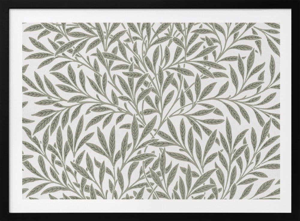 A framed art print displaying a dense pattern of sage green leaves and branches on a white background. The design is continuous and has a calm, naturalistic feel, enclosed within a simple silver frame. Artwork