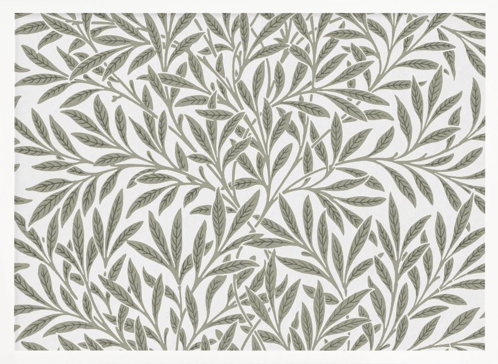 A framed art print displaying a dense pattern of sage green leaves and branches on a white background. The design is continuous and has a calm, naturalistic feel, enclosed within a simple silver frame. Artwork