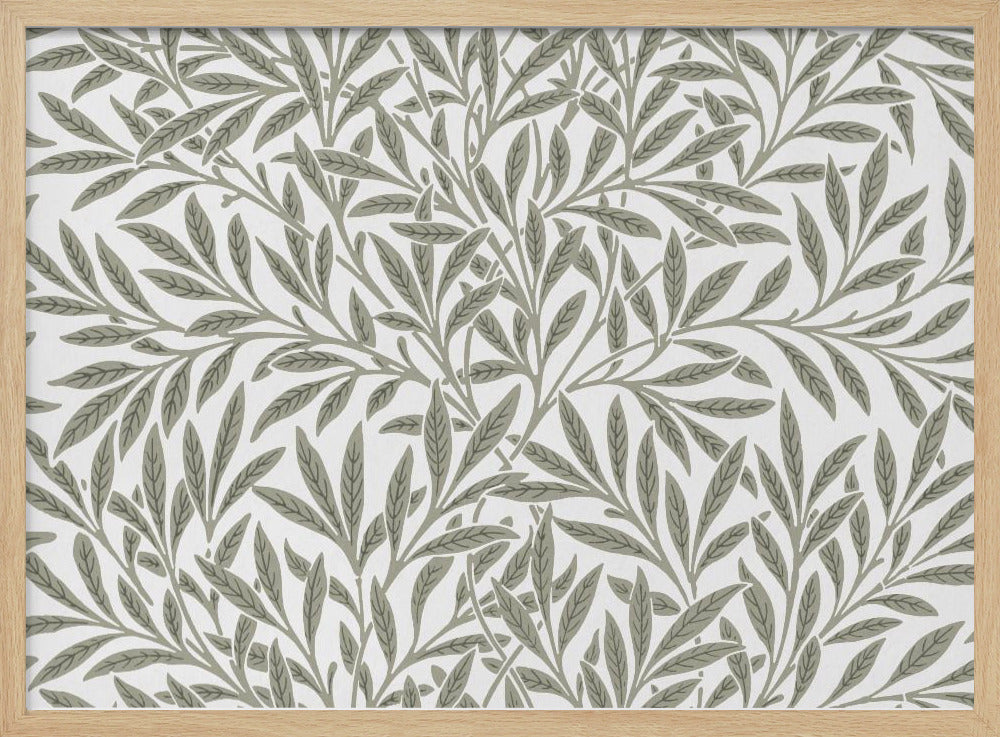 A framed art print displaying a dense pattern of sage green leaves and branches on a white background. The design is continuous and has a calm, naturalistic feel, enclosed within a simple silver frame. Artwork