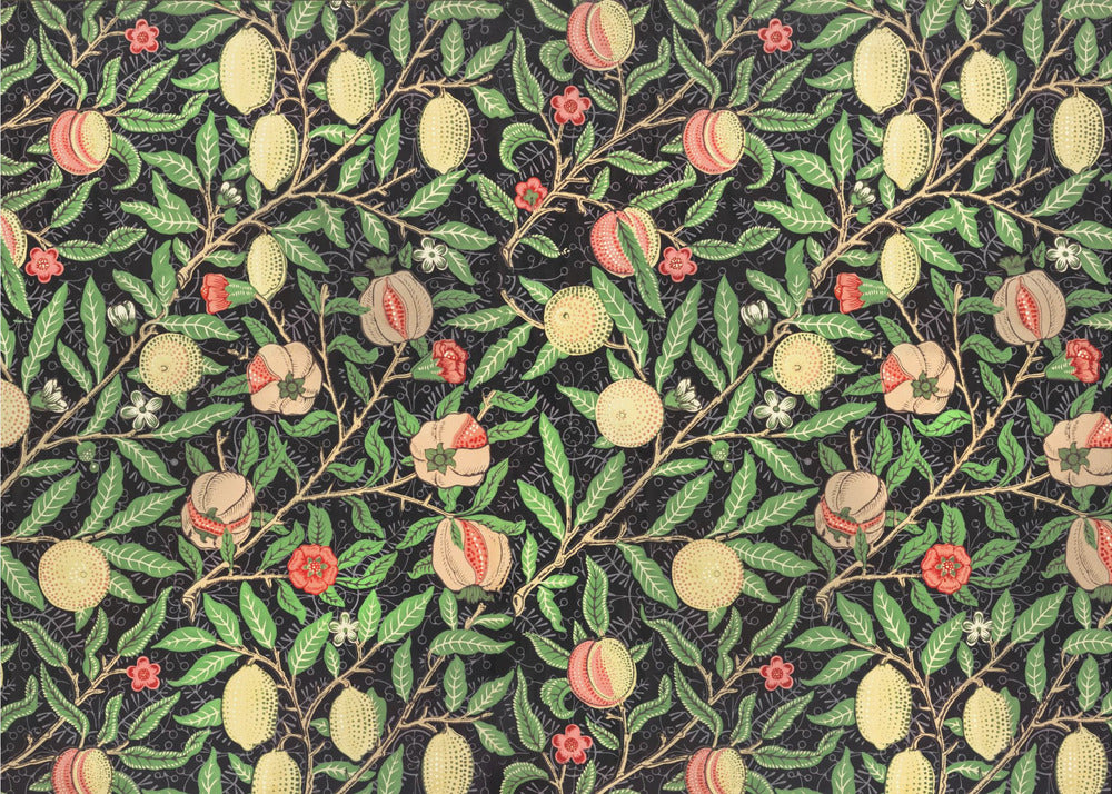 A framed vintage botanical pattern featuring various fruits like lemons, peaches, and pomegranates on twisting branches with green leaves and small flowers, all set against a dark, detailed background. The style is reminiscent of William Morris. Wall Art