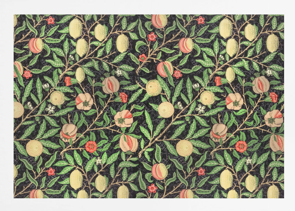 A framed vintage botanical pattern featuring various fruits like lemons, peaches, and pomegranates on twisting branches with green leaves and small flowers, all set against a dark, detailed background. The style is reminiscent of William Morris. Wall Art