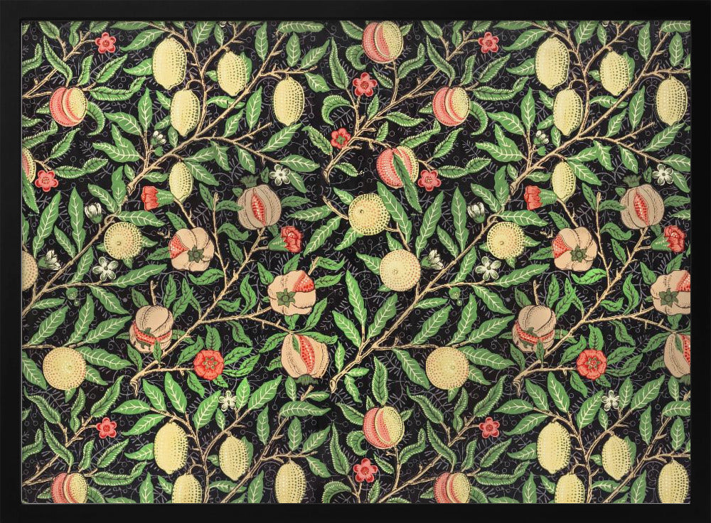 A framed vintage botanical pattern featuring various fruits like lemons, peaches, and pomegranates on twisting branches with green leaves and small flowers, all set against a dark, detailed background. The style is reminiscent of William Morris. Wall Art
