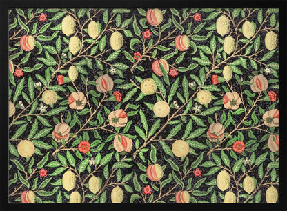 A framed vintage botanical pattern featuring various fruits like lemons, peaches, and pomegranates on twisting branches with green leaves and small flowers, all set against a dark, detailed background. The style is reminiscent of William Morris. Wall Art