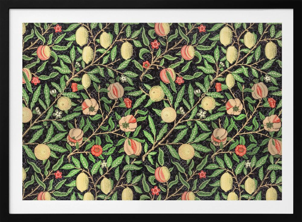 A framed vintage botanical pattern featuring various fruits like lemons, peaches, and pomegranates on twisting branches with green leaves and small flowers, all set against a dark, detailed background. The style is reminiscent of William Morris. Wall Art