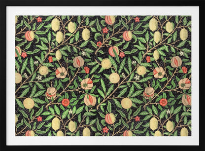 A framed vintage botanical pattern featuring various fruits like lemons, peaches, and pomegranates on twisting branches with green leaves and small flowers, all set against a dark, detailed background. The style is reminiscent of William Morris. Wall Art