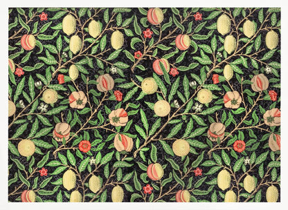 A framed vintage botanical pattern featuring various fruits like lemons, peaches, and pomegranates on twisting branches with green leaves and small flowers, all set against a dark, detailed background. The style is reminiscent of William Morris. Wall Art