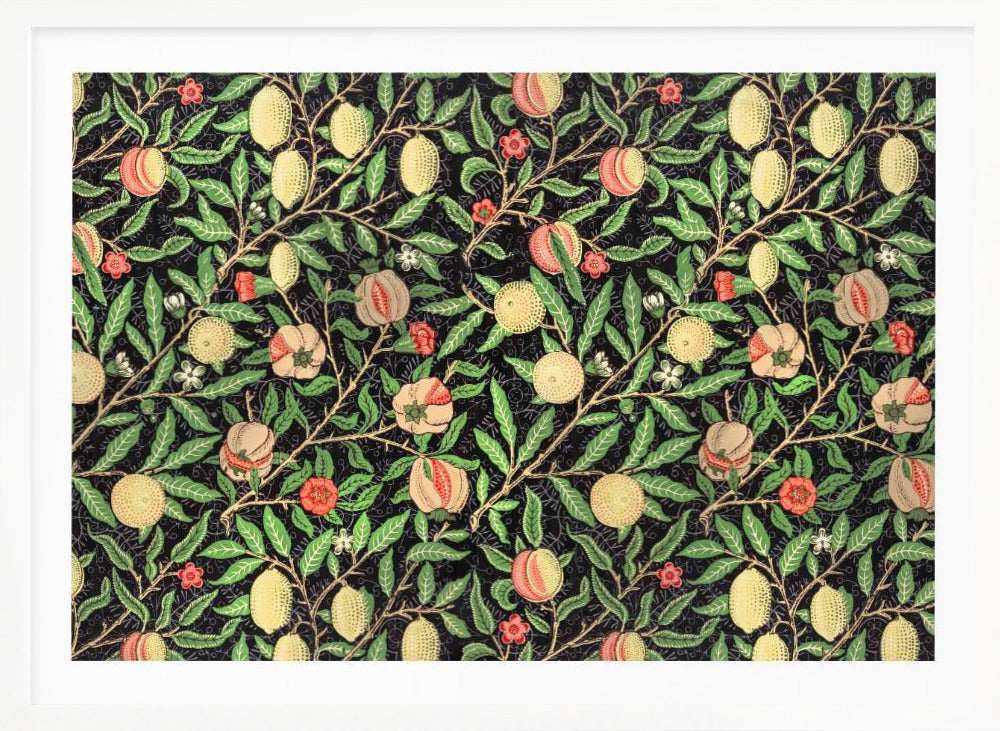 A framed vintage botanical pattern featuring various fruits like lemons, peaches, and pomegranates on twisting branches with green leaves and small flowers, all set against a dark, detailed background. The style is reminiscent of William Morris. Wall Art